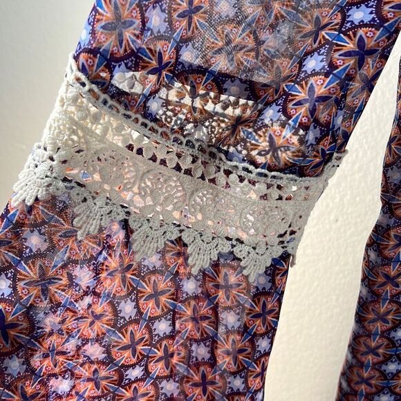 Como Vintage Womens Lace Blouse Bell Sleeve Keyhole Sheer Purple Orange Medium - Picture 3 of 10